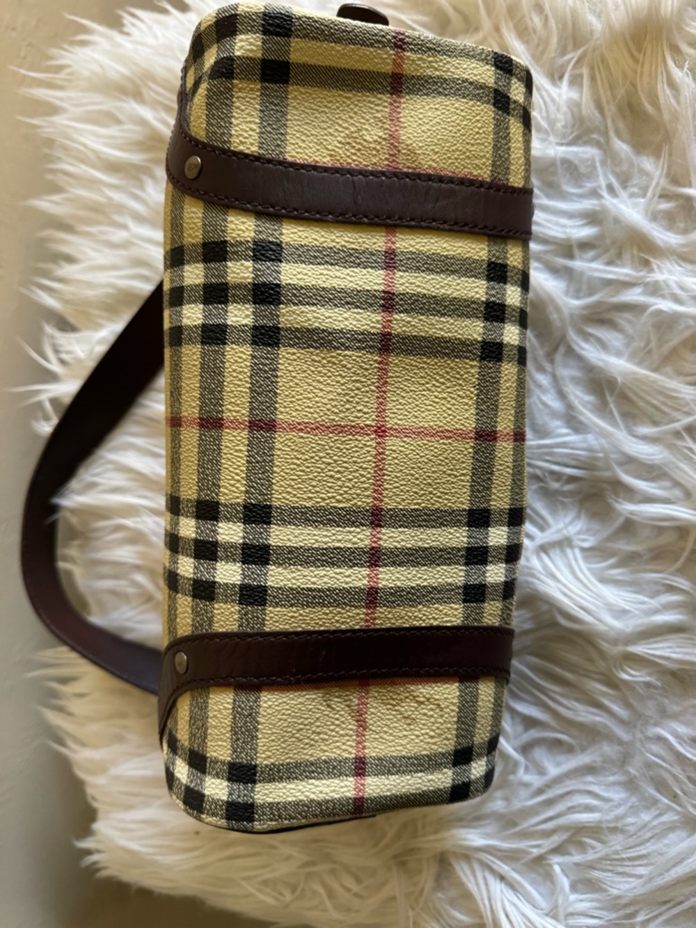 Classic Plaid Barrel Shoulder Bag in Beige and Brown - Picture 3 of 10